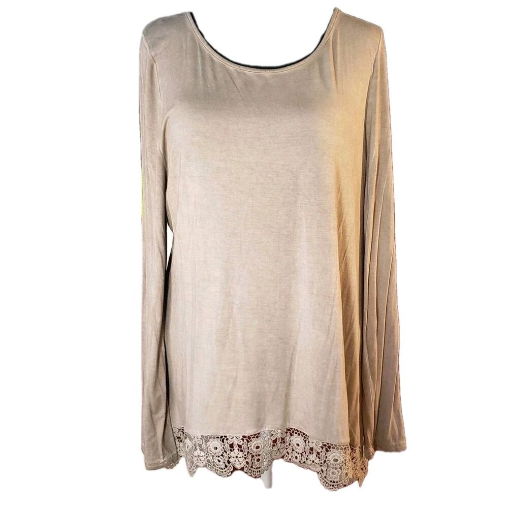 Andree By Unit 2X Tan Brown Tunic Top Long Sleeve Lace Hem Stretch‎ Lagenlook